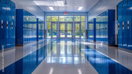 Empty school hallway with blue lockers, shiny floor, and bright light from the windows at the far end.