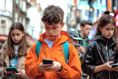 Kids walking along a busy street, all focused on their mobile phones, showcasing the impact of gadgets on today's children.