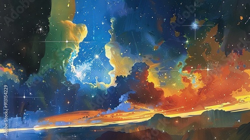  A stunning painting of a star-studded orange and blue sky with fluffy clouds