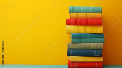 Stack of colorful books against a vibrant yellow background.