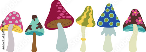 Vector illustration of bright psychedelic groovy mushrooms. Set of hippie and funky elements in flat style	