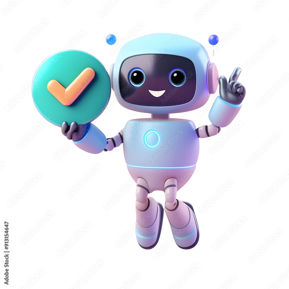 3D Cute Robot With Approved Check Mark 3D Cute Robot With Approved Check Mark