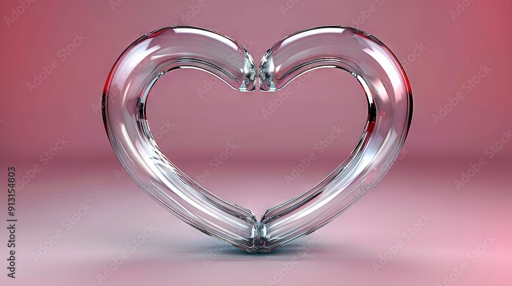 Glass heart-shaped object resting on pink surface, hands reflected in heart's center Glass heart-shaped object resting on pink surface, hands reflected in heart's center