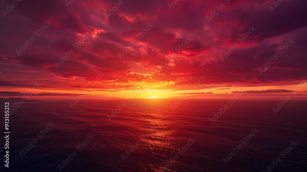 Fototapeta premium Dramatic sunset over the ocean with fiery sky and clouds.