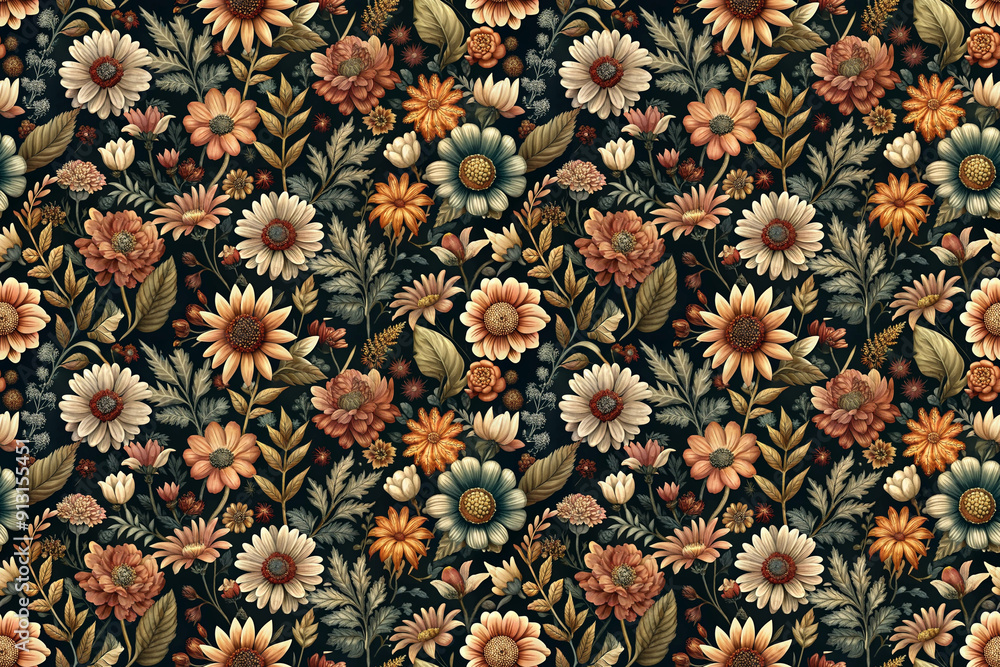 Obraz premium Seamless pattern of decorative flowers on a black background