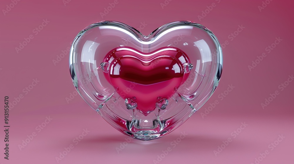 Heart-shaped glass resting on a pink surface, reflecting a heart in its center Heart-shaped glass resting on a pink surface, reflecting a heart in its center