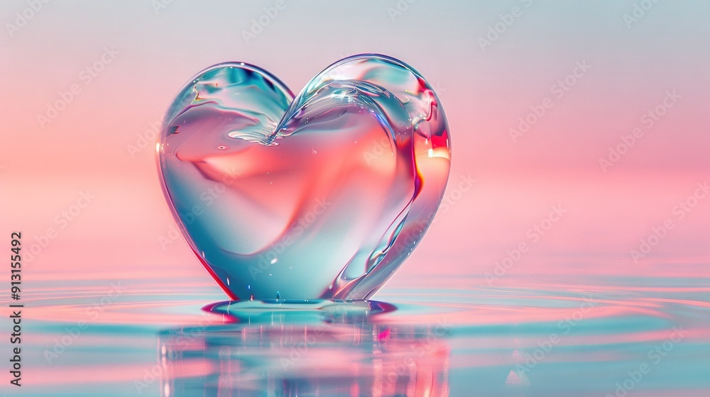 A heart-shaped object floating above a body of water amidst a pink-blue backdrop A heart-shaped object floating above a body of water amidst a pink-blue backdrop
