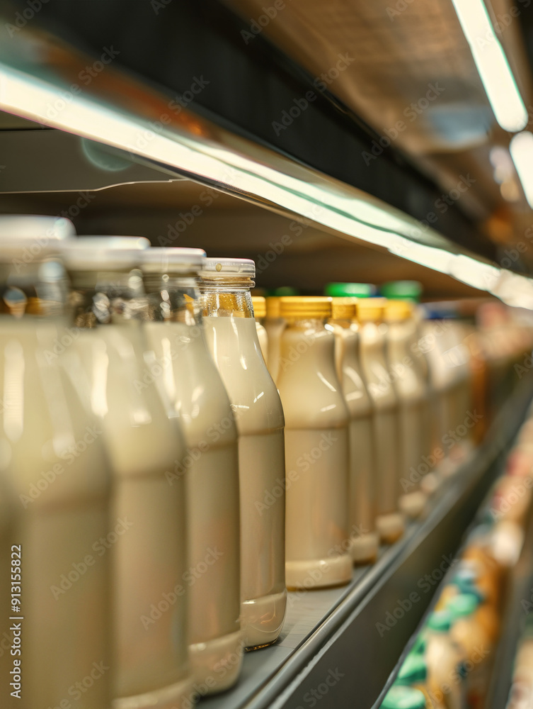 Milk bottles lined up on supermarket shelves Milk bottles lined up on supermarket shelves