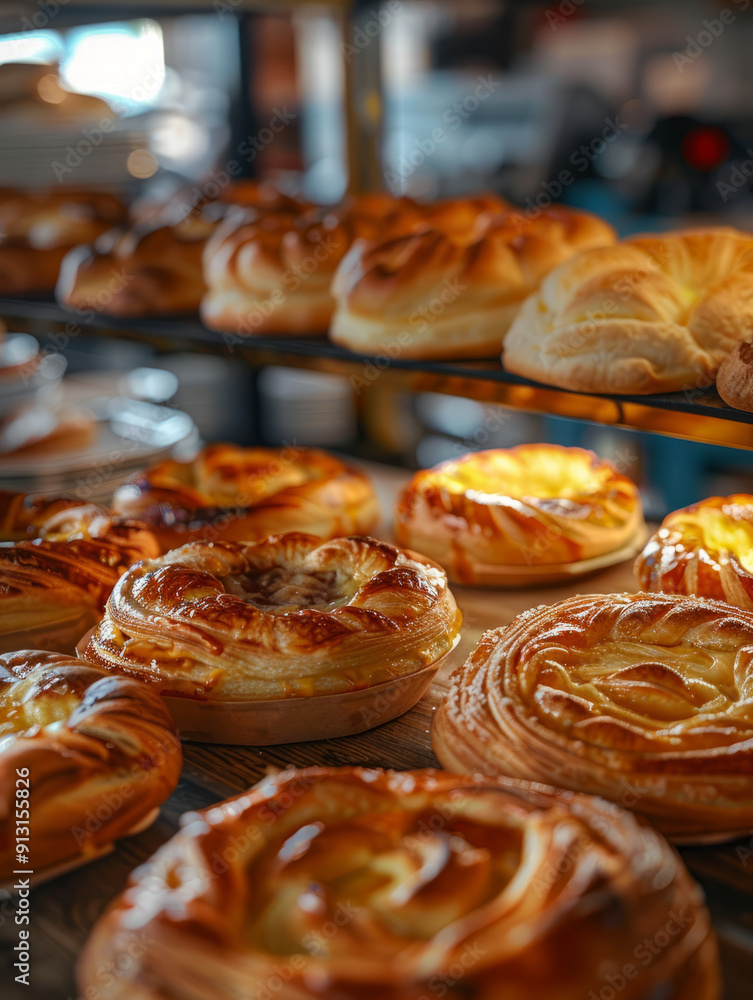 Assorted pastries displayed in a bakery, showcasing baked goods. Assorted pastries displayed in a bakery, showcasing baked goods.