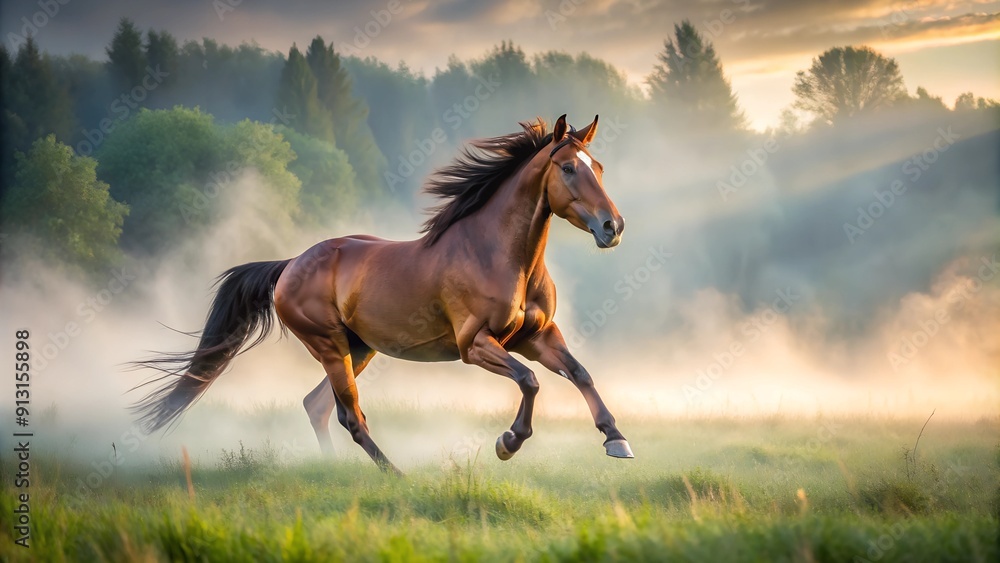 Fototapeta premium A brown horse gallops across the grass in a meadow in the morning fog during sunrise