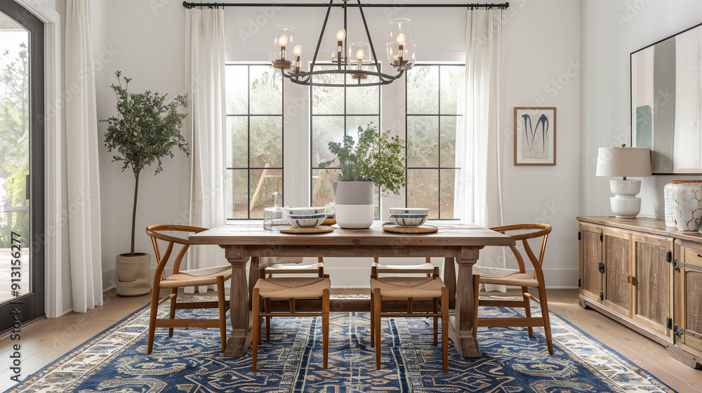 A cozy, casual dining area with a patterned rug under a wooden table, creating a relaxed and inviting atmosphere.
A cozy, casual dining area with a patterned rug under a wooden table, creating a relaxed and inviting atmosphere.