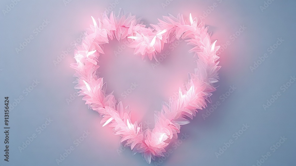 A heart-shaped artifact made with pink feathers against a blue backdrop, emitting a soft pink glow A heart-shaped artifact made with pink feathers against a blue backdrop, emitting a soft pink glow