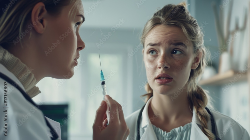 Female doctor holding a syringe. Female doctor holding a syringe.