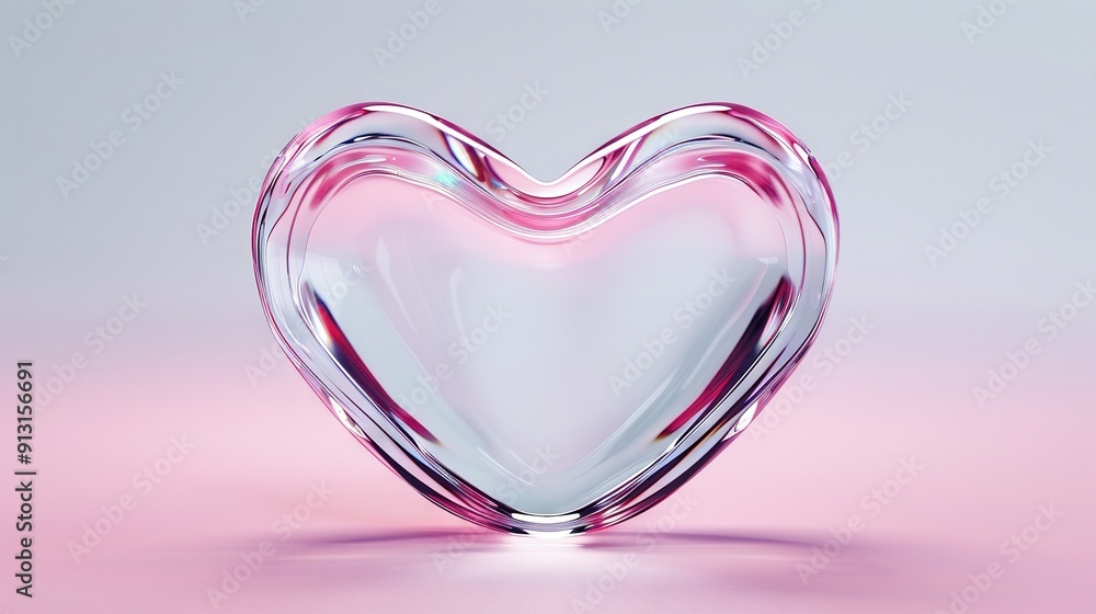 A heart-shaped glass object rests atop a pink surface, reflecting light beneath it A heart-shaped glass object rests atop a pink surface, reflecting light beneath it