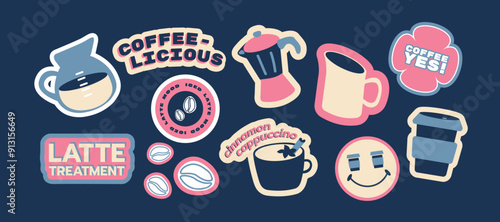 Coffee stickers cartoon groovy style. Coffee makers, pitcher, kettles, brewing, arabica coffee, cup,  glass,espresso,cappuccino, beans, labels.Graphic doodle minimalist retro icons.