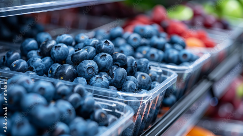 custom made wallpaper toronto digitalClose-up of blueberries in plastic containers at a market.