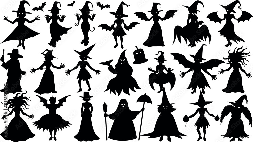 Set of silhouettes of Halloween Witches Set of silhouettes of Halloween Witches