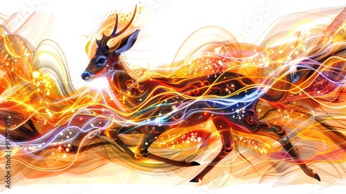   A digital painting of a deer with a long tail running through a field of yellow, orange, and blue swirls photo