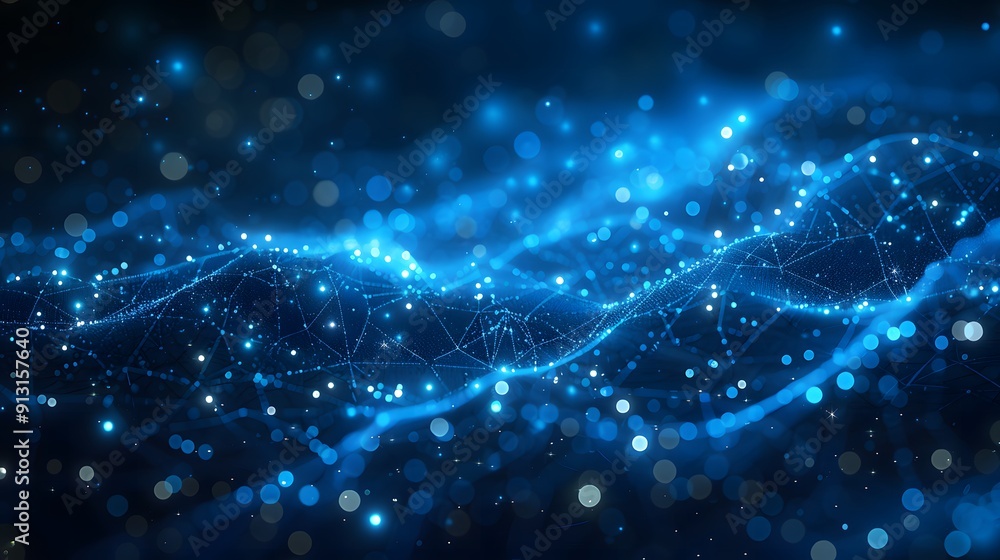 Blue glowing digital wave network with light particles. Abstract technology background with depth of field. Design for banner, wallpaper, and poster Blue glowing digital wave network with light particles. Abstract technology background with depth of field. Design for banner, wallpaper, and poster