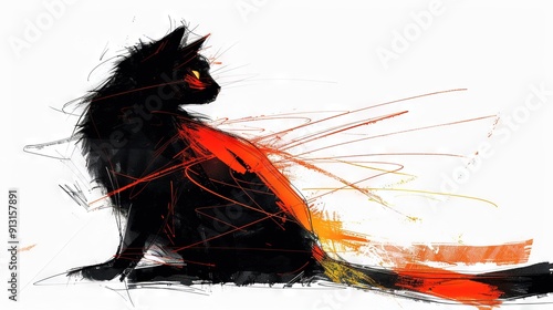   Drawing of black cat with orange-yellow stripes sitting on white surface photo