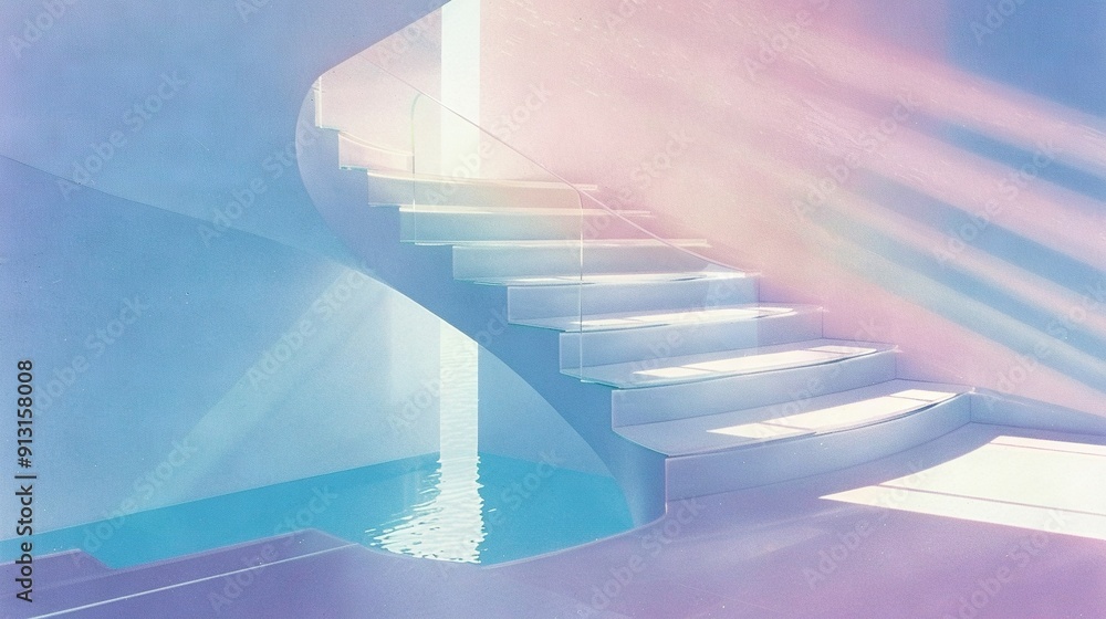 Obraz premium A staircase ascends towards a central pool within a spacious room, bathed in natural light filtering from an adjacent window
