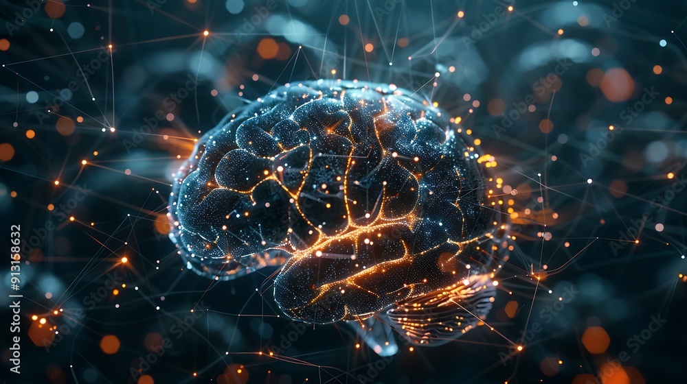 Digital brain with interconnected synapses glowing in the dark. Digital brain with interconnected synapses glowing in the dark.