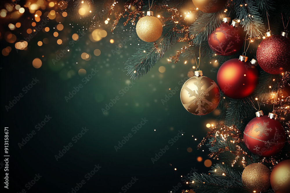 Square banner with gold and red Christmas symbols and text. Christmas tree, balls, golden tinsel confetti and snowflakes on green background. Header for website template. Square banner with gold and red Christmas symbols and text. Christmas tree, balls, golden tinsel confetti and snowflakes on green background. Header for website template.