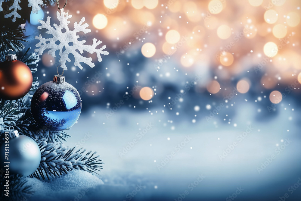 Christmas Tree with Blue and Silver Ornaments in Snowy Setting Creating a Festive Holiday Atmosphere with Bokeh Lights Christmas Tree with Blue and Silver Ornaments in Snowy Setting Creating a Festive Holiday Atmosphere with Bokeh Lights