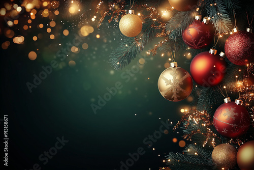 Square banner with gold and red Christmas symbols and text. Christmas tree, balls, golden tinsel confetti and snowflakes on green background. Header for website template. 