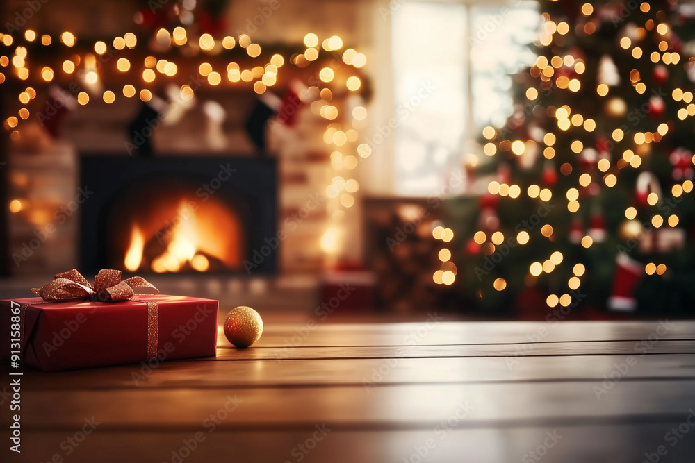 Cozy Christmas Living Room with Fireplace, Decorated Tree, and Wrapped Gift Creating a Warm Holiday Atmosphere Cozy Christmas Living Room with Fireplace, Decorated Tree, and Wrapped Gift Creating a Warm Holiday Atmosphere