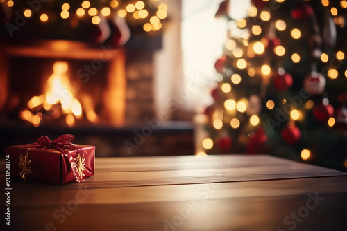 Holiday able with christmas tree and fireplace with copy space