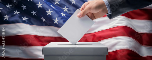 flag of usa and elections vote paper or button for presidential choice day as poster banner design photo