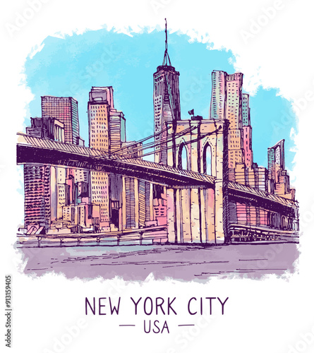 Architecture sketch illustration. Sketch of New York, USA.  Freehand drawing of Brooklyn bridge and skyscrapers. Landscape colorful big city downtown. Watercolor Digital Drawing of the street. Vector