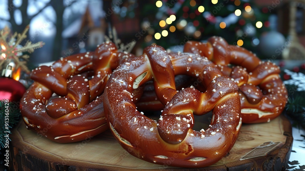 A Christmas ornament sits atop a wooden cutting board, surrounded by pretzels A Christmas ornament sits atop a wooden cutting board, surrounded by pretzels