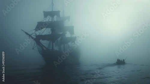 A ghost pirate crew on a haunted ship navigating through foggy waters.