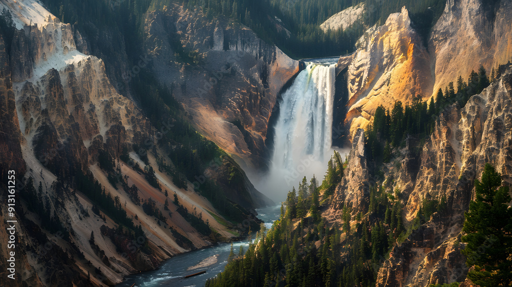 Obraz premium A grand waterfall thundering down a steep cliff face into a roaring river below.