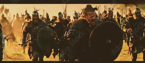 A cinematic still of  Viking soldiers  in armor charging into battle	