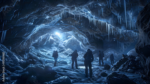 A group of adventurers exploring an icy cavern filled with treasures.