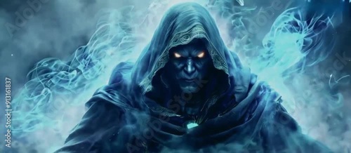 genie jinn A scary monster with glowing eyes and a hooded cape. The monster is surrounded by smoke, giving it an ominous	