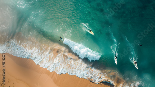 A group of surfers paddling out to catch waves near a sandy beach.