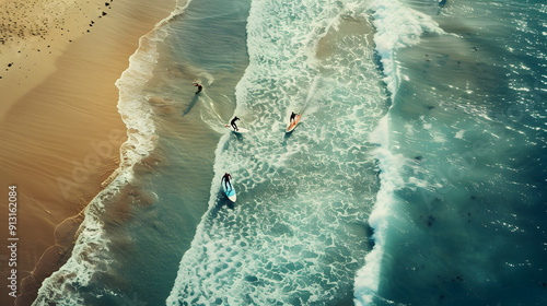 A group of surfers paddling out to catch waves near a sandy beach.