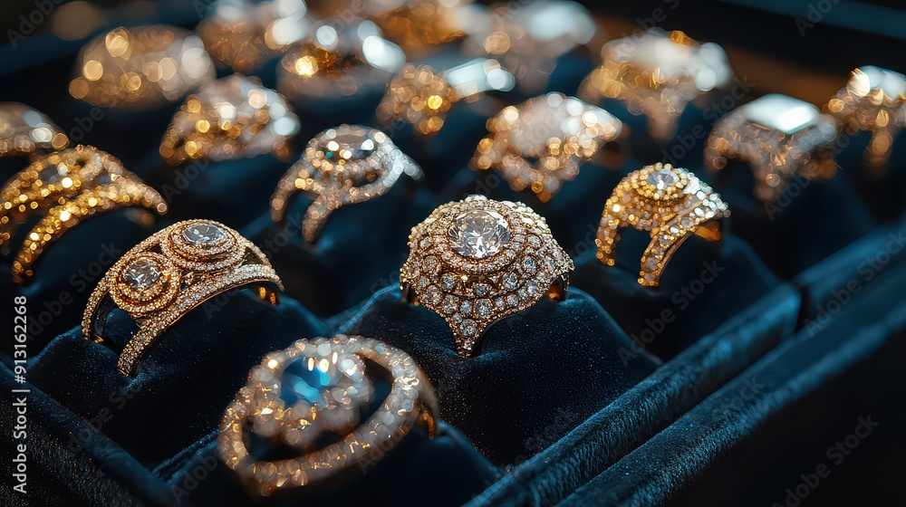 collection of luxurious gold and diamond rings displayed in a velvet-lined jewelry case, showcasing intricate designs and sparkling gems. collection of luxurious gold and diamond rings displayed in a velvet-lined jewelry case, showcasing intricate designs and sparkling gems.
