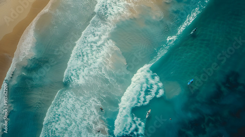 A group of surfers paddling out to catch waves near a sandy beach.