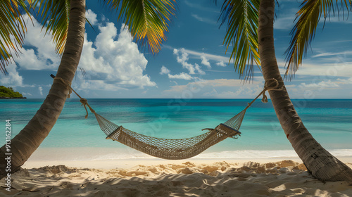 A hammock strung between two palm trees on a sandy beach inviting relaxation.
