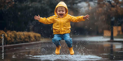 Joyful child jumping in a puddle