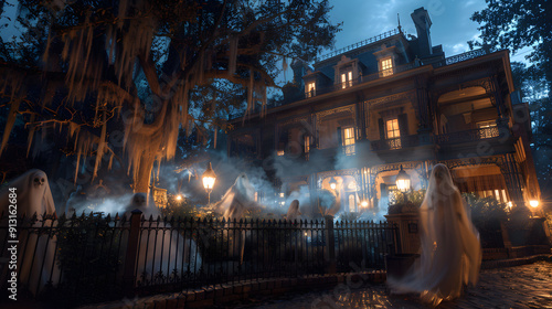 A haunted mansion with eerie lighting and ghostly figures.
