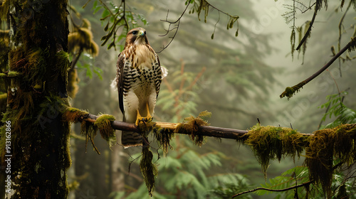 A hawk perched on a high branch scanning the forest floor below for prey.