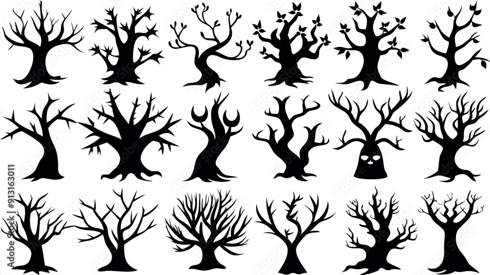 Set of silhouettes of Halloween tree Set of silhouettes of Halloween tree