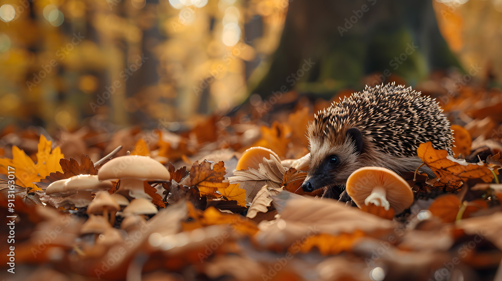 Obraz premium A hedgehog exploring a forest floor covered with fallen leaves and mushrooms.