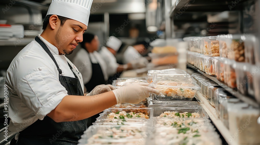 Chefs preparing and packing food in a restaurant kitchen, illustrating the behind-the-scenes process of food delivery. Chefs preparing and packing food in a restaurant kitchen, illustrating the behind-the-scenes process of food delivery.